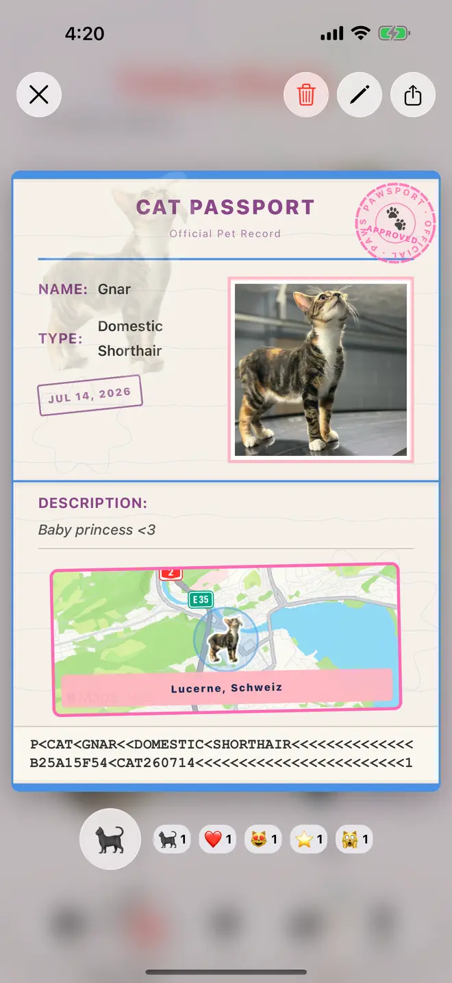 A Cat Passport card for Gnar, a domestic shorthair stamped July 14 2026, showing the photo, a map of Lucerne, a machine-readable line across the bottom, and a row of emoji reactions underneath