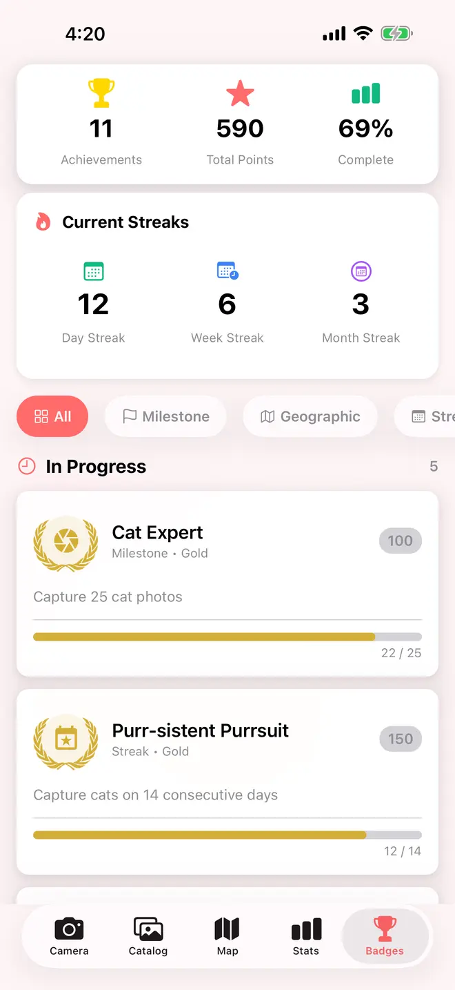 The badges screen showing 11 achievements, 590 points, a 12 day streak, and progress bars on Cat Expert at 22 of 25 and Purr-sistent Purrsuit at 12 of 14