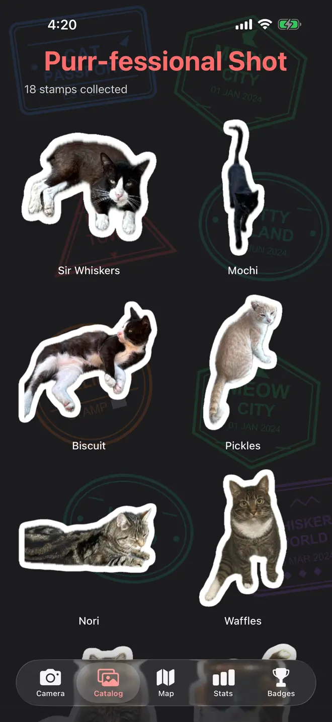 The catalog grid of collected stickers named Sir Whiskers, Mochi, Biscuit, Pickles, Nori, and Waffles, over faint passport stamps in the background
